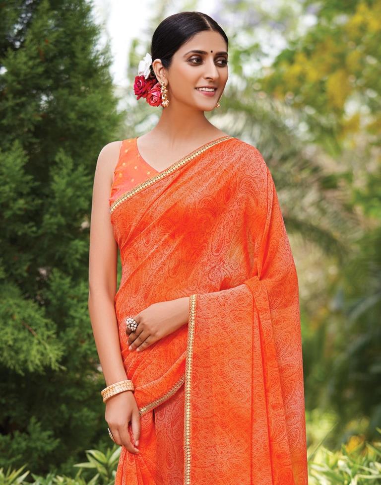 Coral Orange Printed Saree | Leemboodi