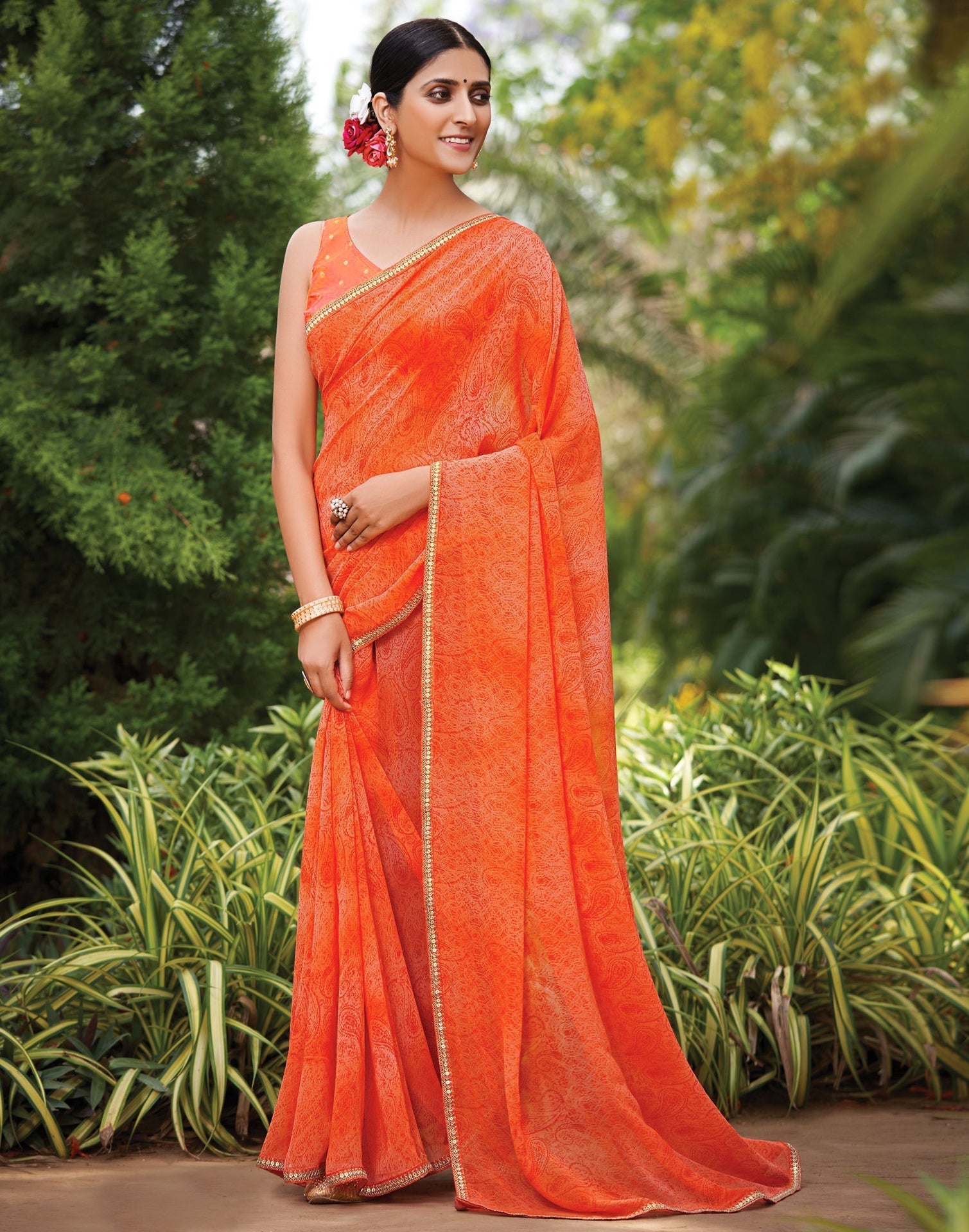 Coral Orange Printed Saree | Leemboodi
