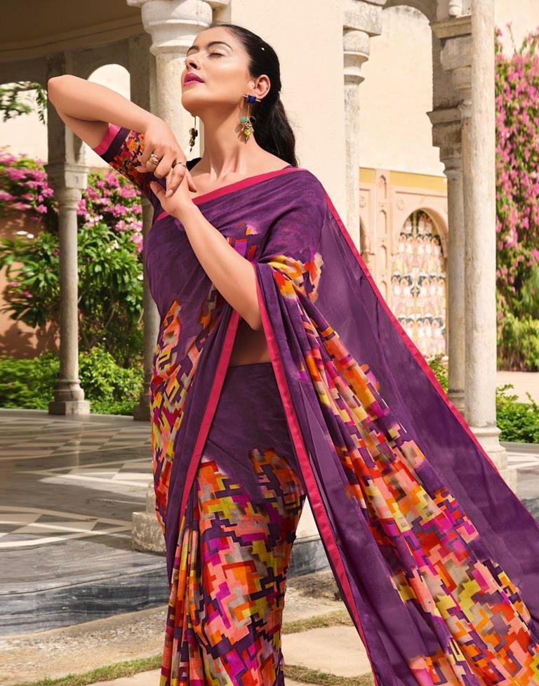 Wine ANd Multicolour Geometric Printed Saree | Leemboodi