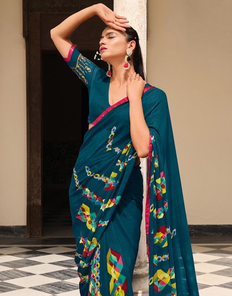 Dark Teal Blue Printed Saree | Leemboodi