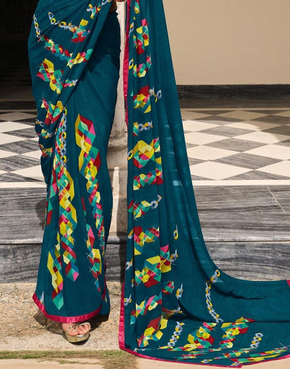 Dark Teal Blue Printed Saree | Leemboodi
