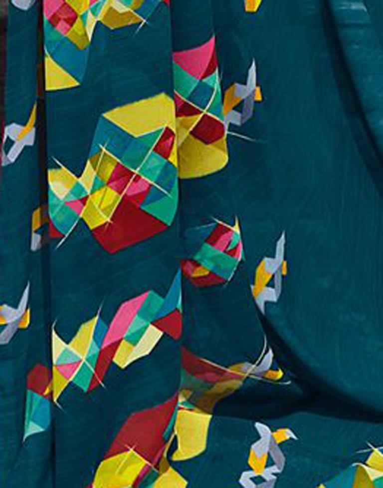 Dark Teal Blue Printed Saree | Leemboodi