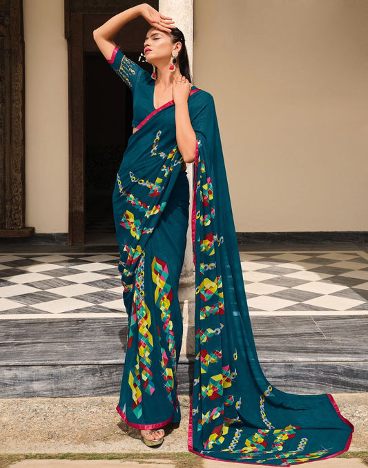 Dark Teal Blue Printed Saree | Leemboodi
