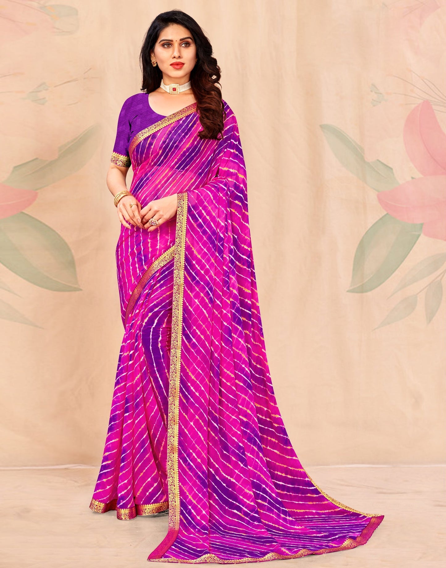 Pink AND Purple Leheriya Printed Saree | Leemboodi