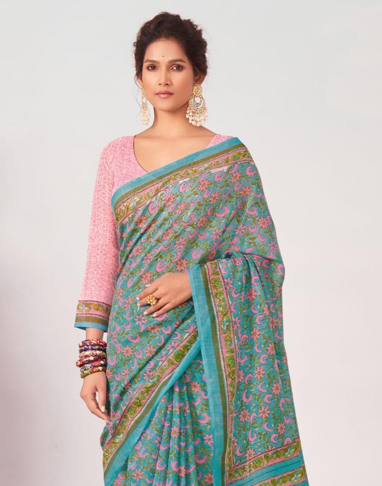 Light Turquoise Printed Saree | Leemboodi