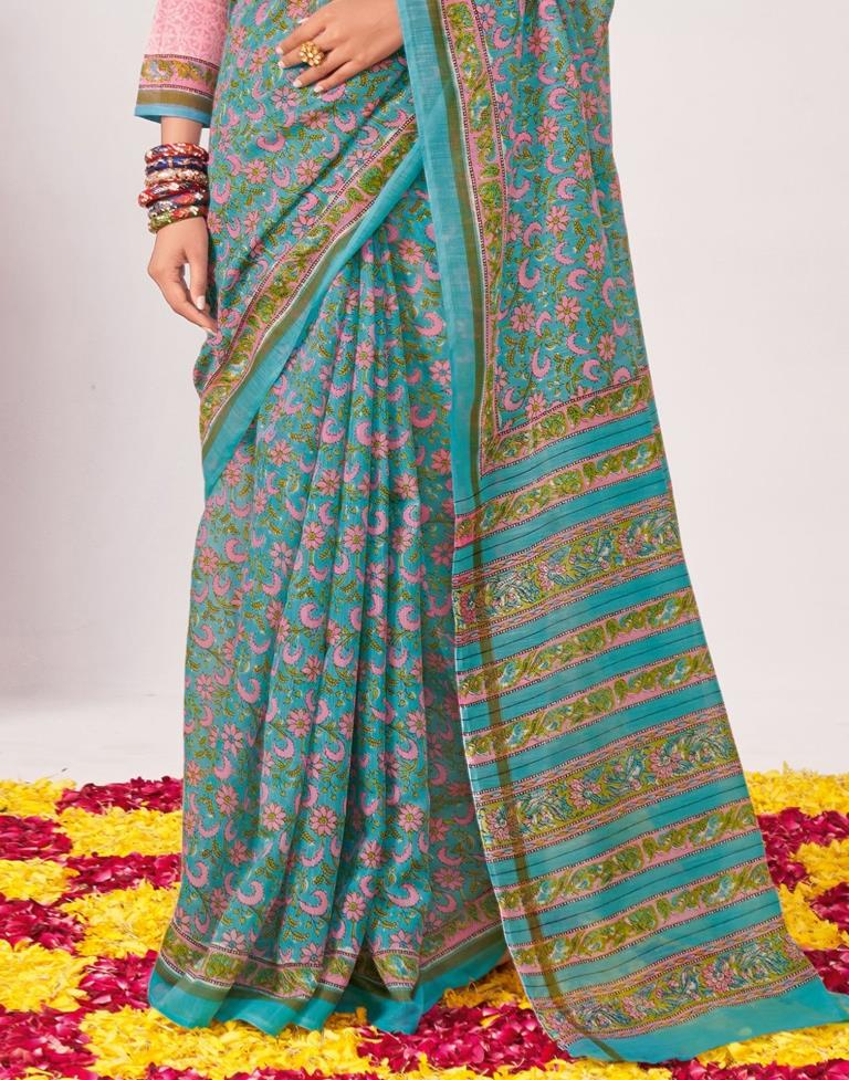 Light Turquoise Printed Saree | Leemboodi