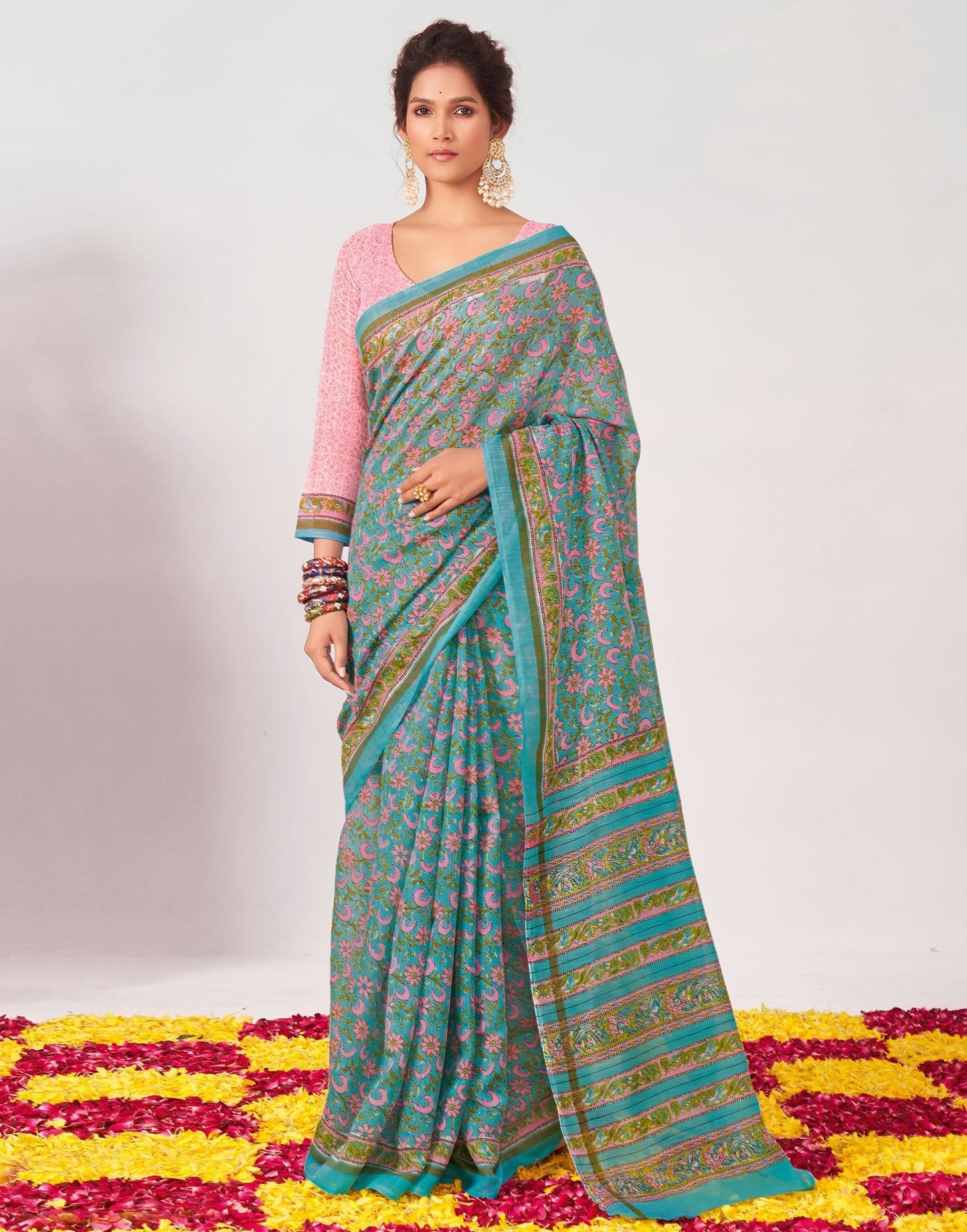 Light Turquoise Printed Saree | Leemboodi