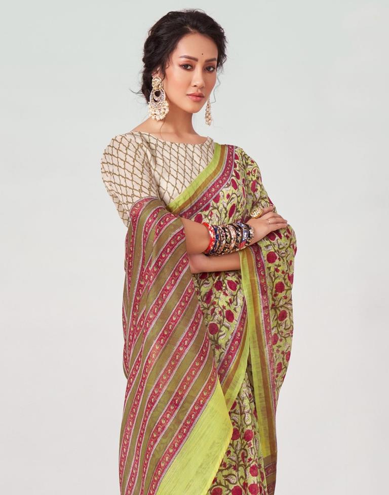 Light Yellow And Multicolour Printed Saree | Leemboodi