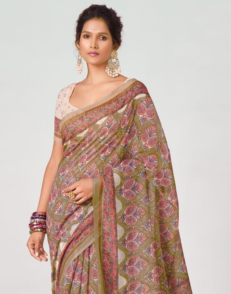 Light Brown And Pink Printed Saree | Leemboodi