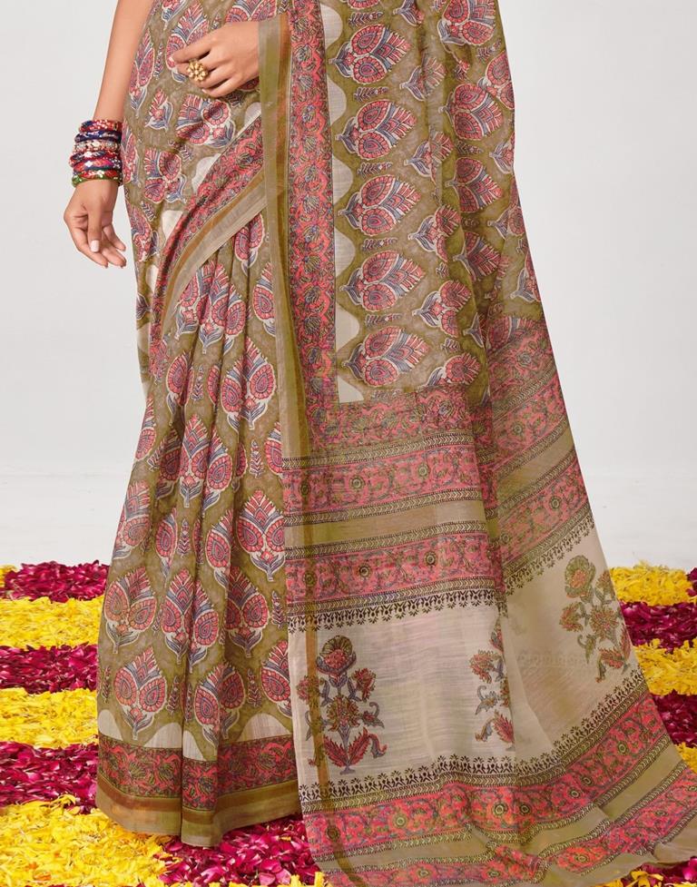 Light Brown And Pink Printed Saree | Leemboodi