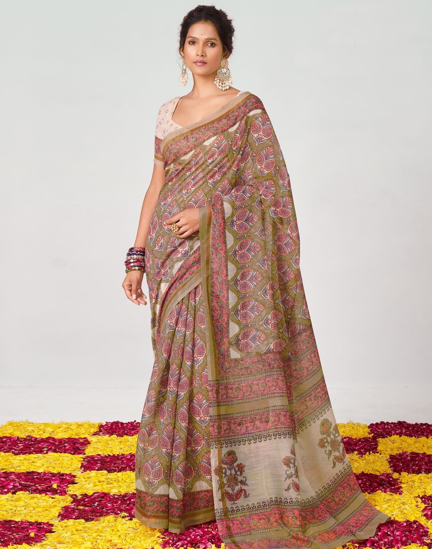Light Brown And Pink Printed Saree | Leemboodi