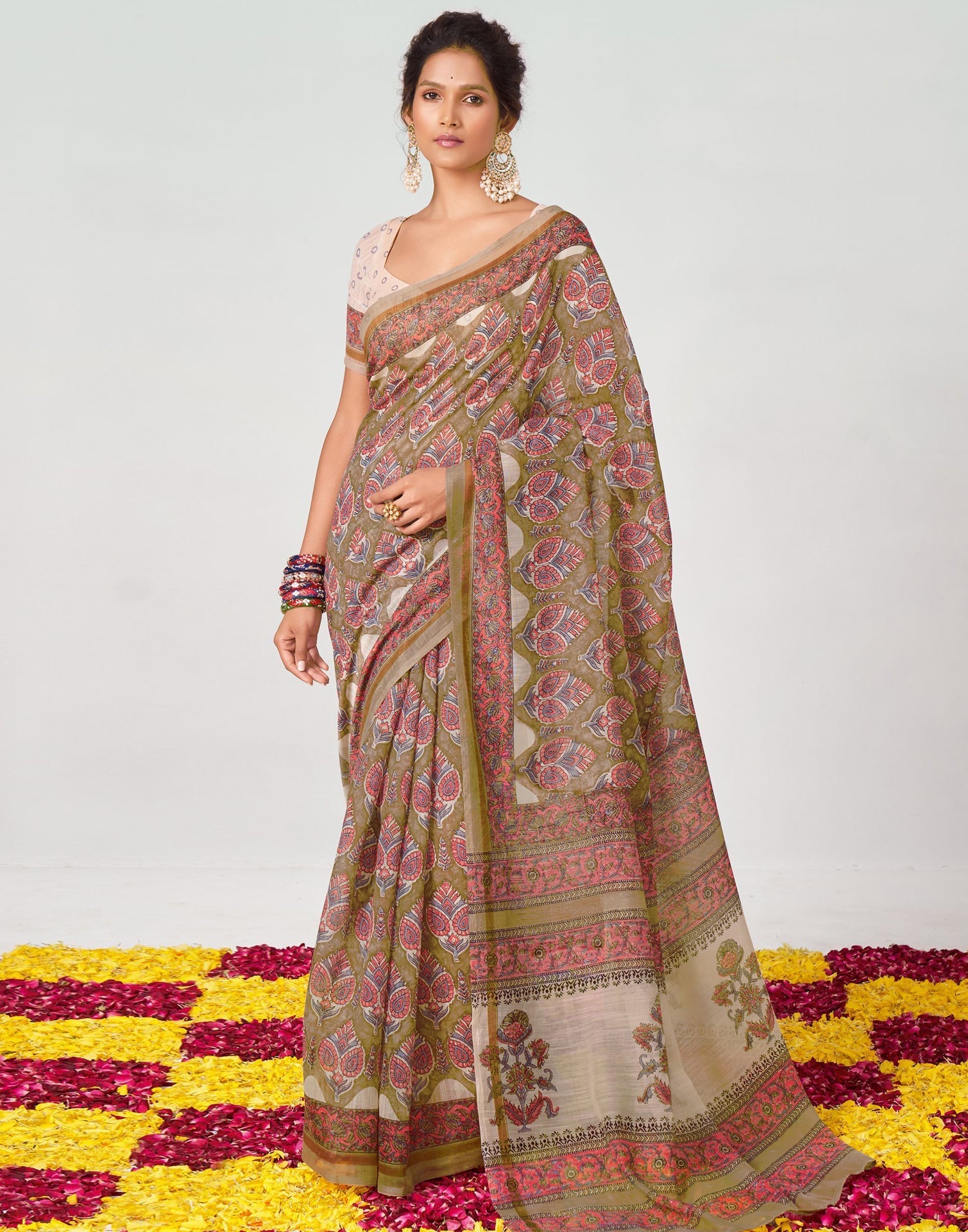 Light Brown And Pink Printed Saree | Leemboodi