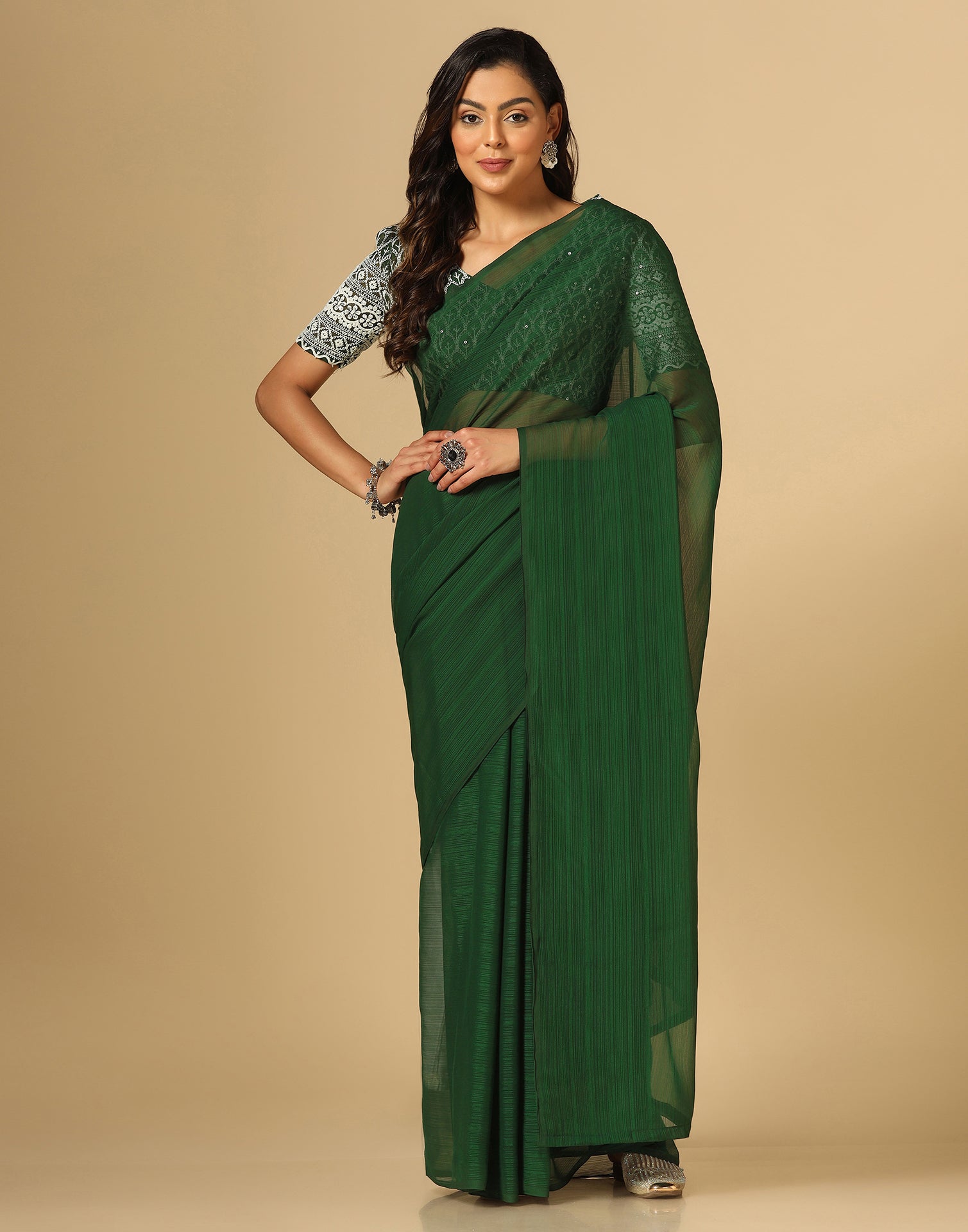 Green Georgette Plain Saree | Sudathi