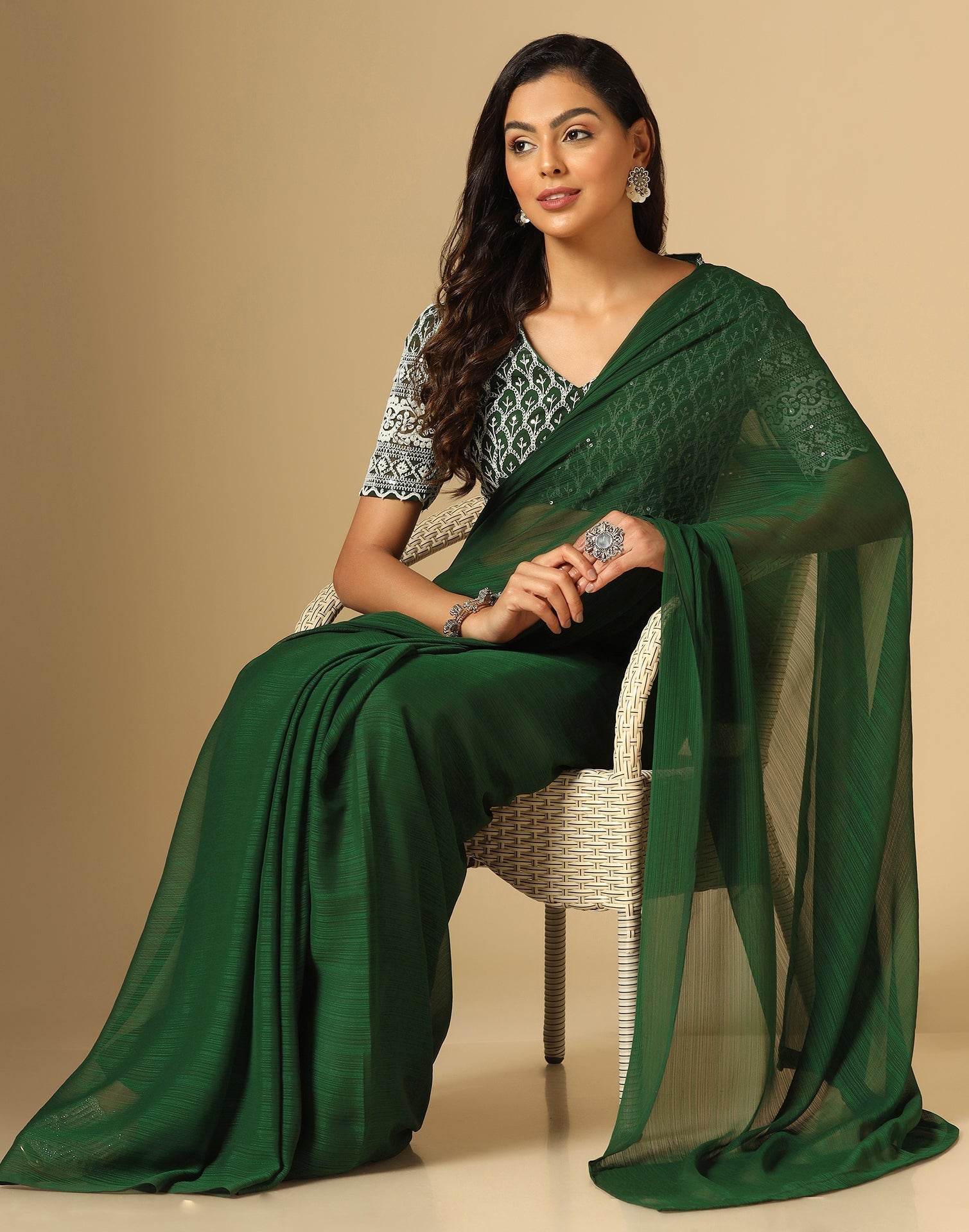 Green Georgette Plain Saree | Sudathi