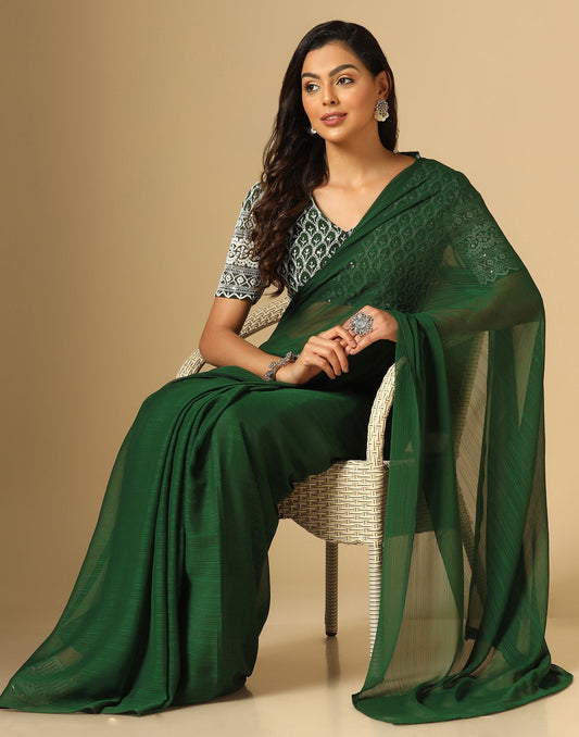 Green Georgette Plain Saree | Sudathi