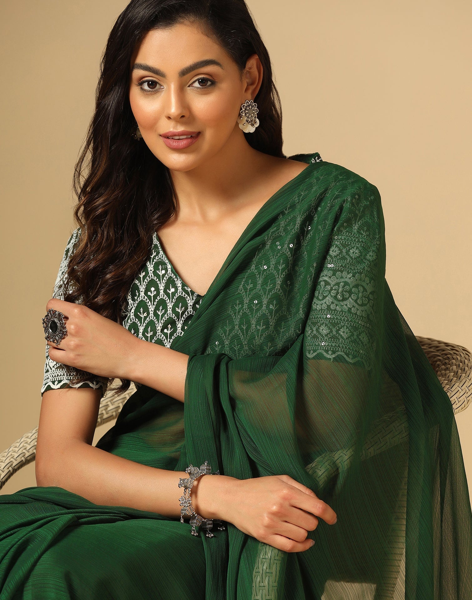 Green Georgette Plain Saree | Sudathi