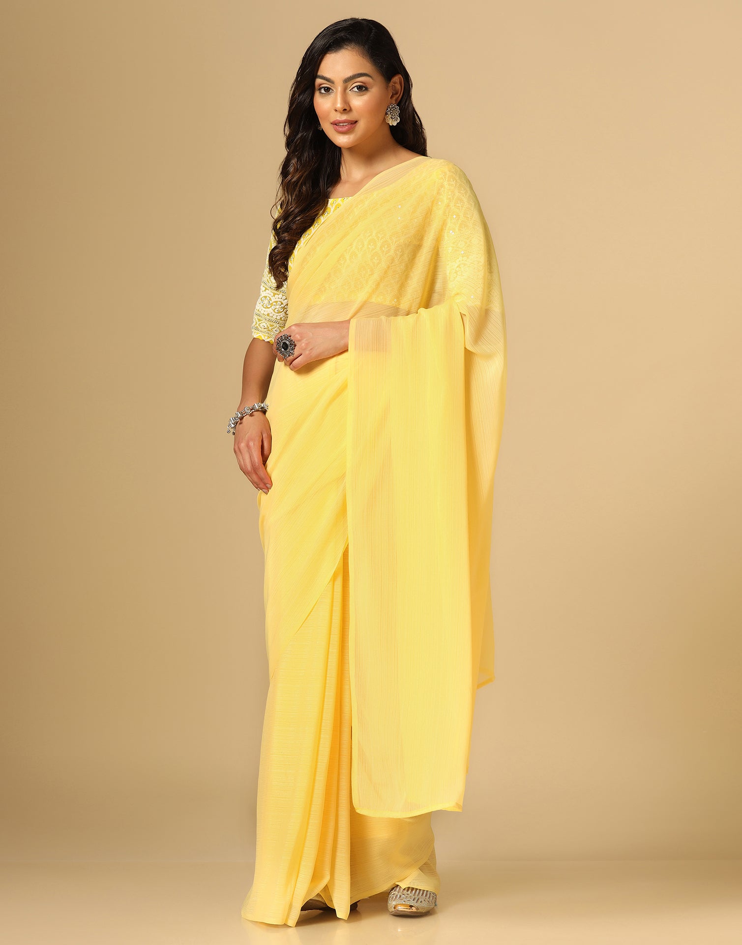 Light Yellow Georgette Plain Saree | Sudathi