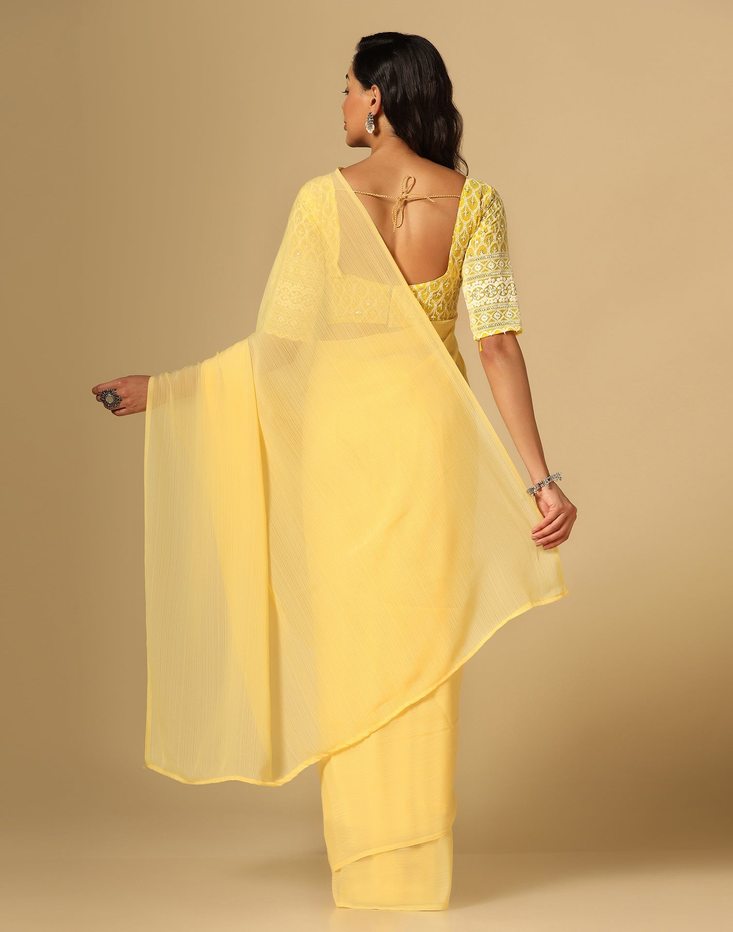 Light Yellow Georgette Plain Saree | Sudathi