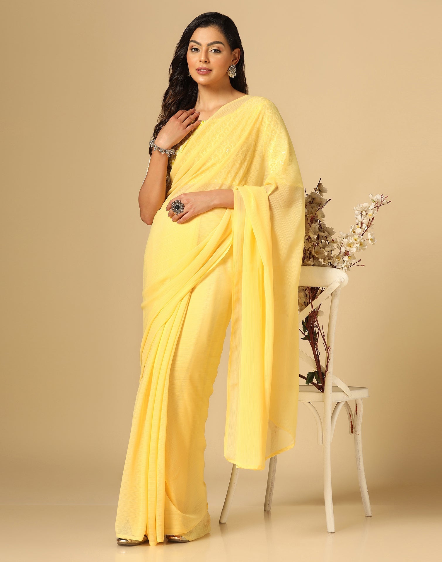 Light Yellow Georgette Plain Saree | Sudathi