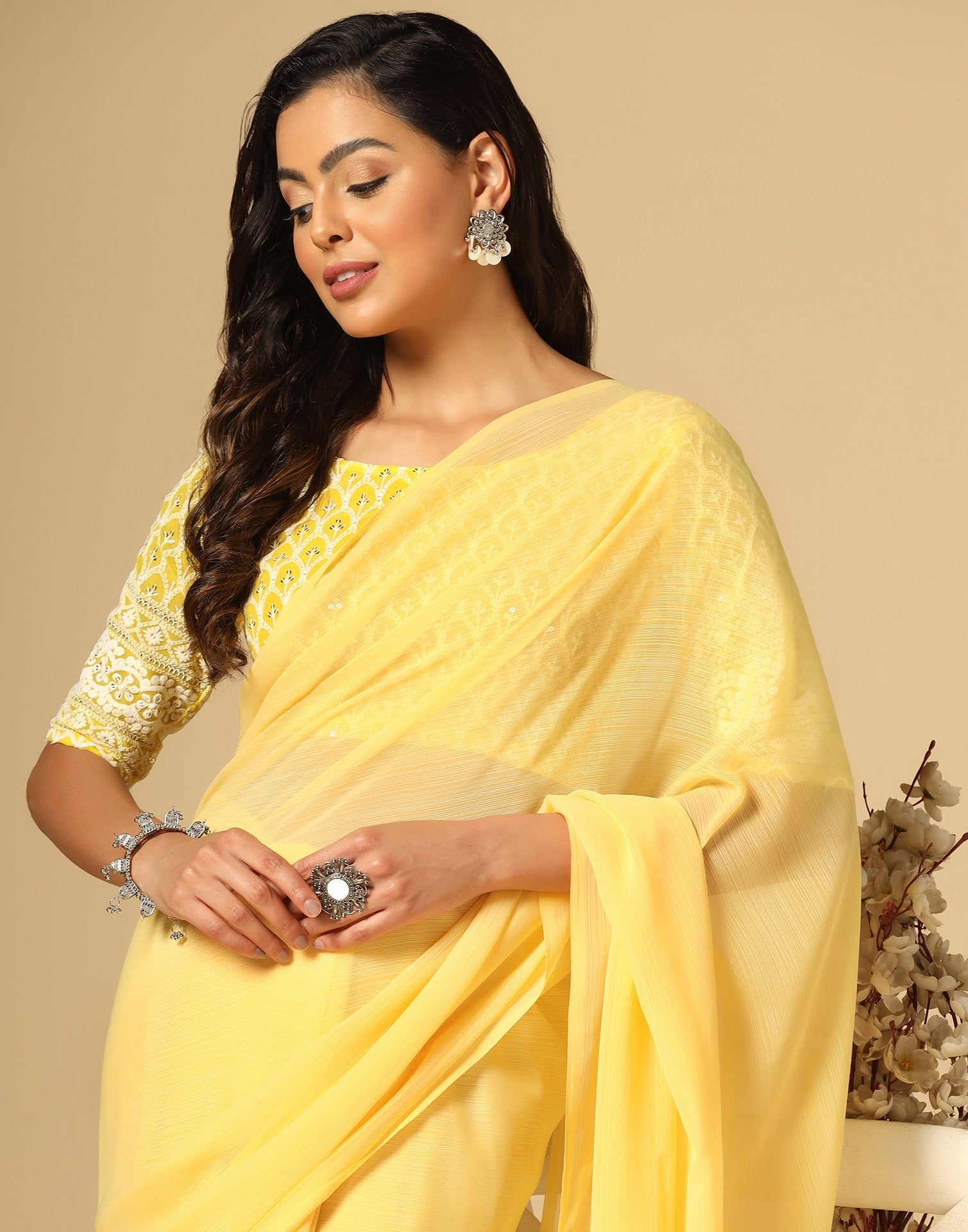 Light Yellow Georgette Plain Saree | Sudathi