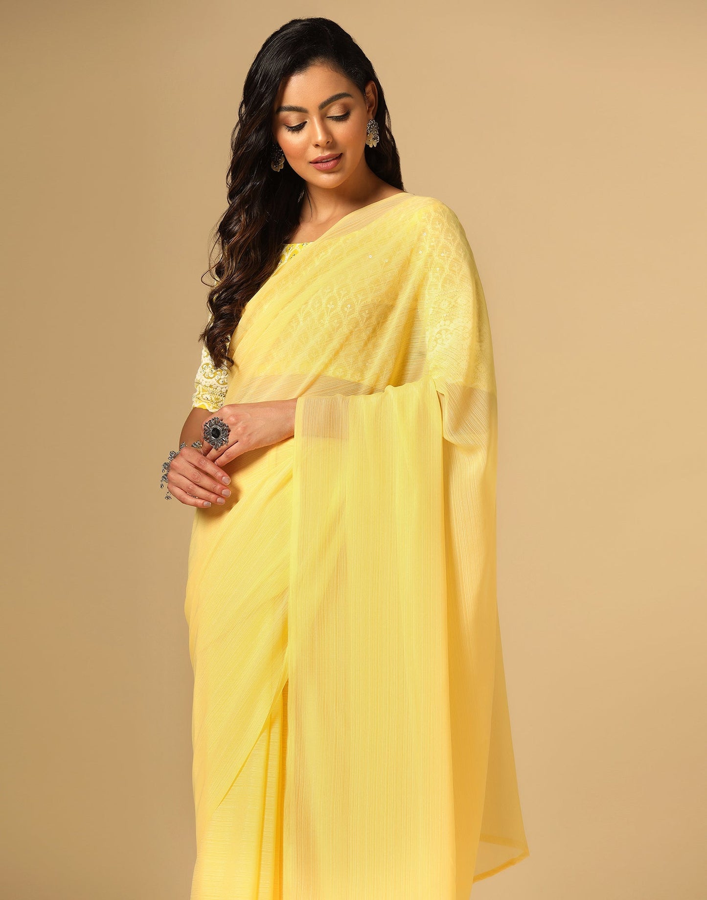Light Yellow Georgette Plain Saree | Sudathi