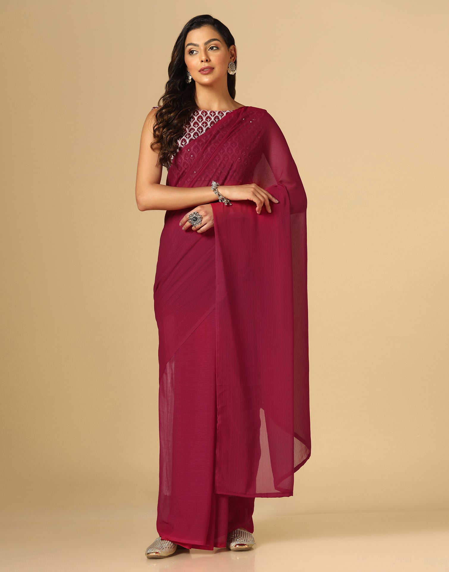 Maroon Georgette Plain Saree | Sudathi