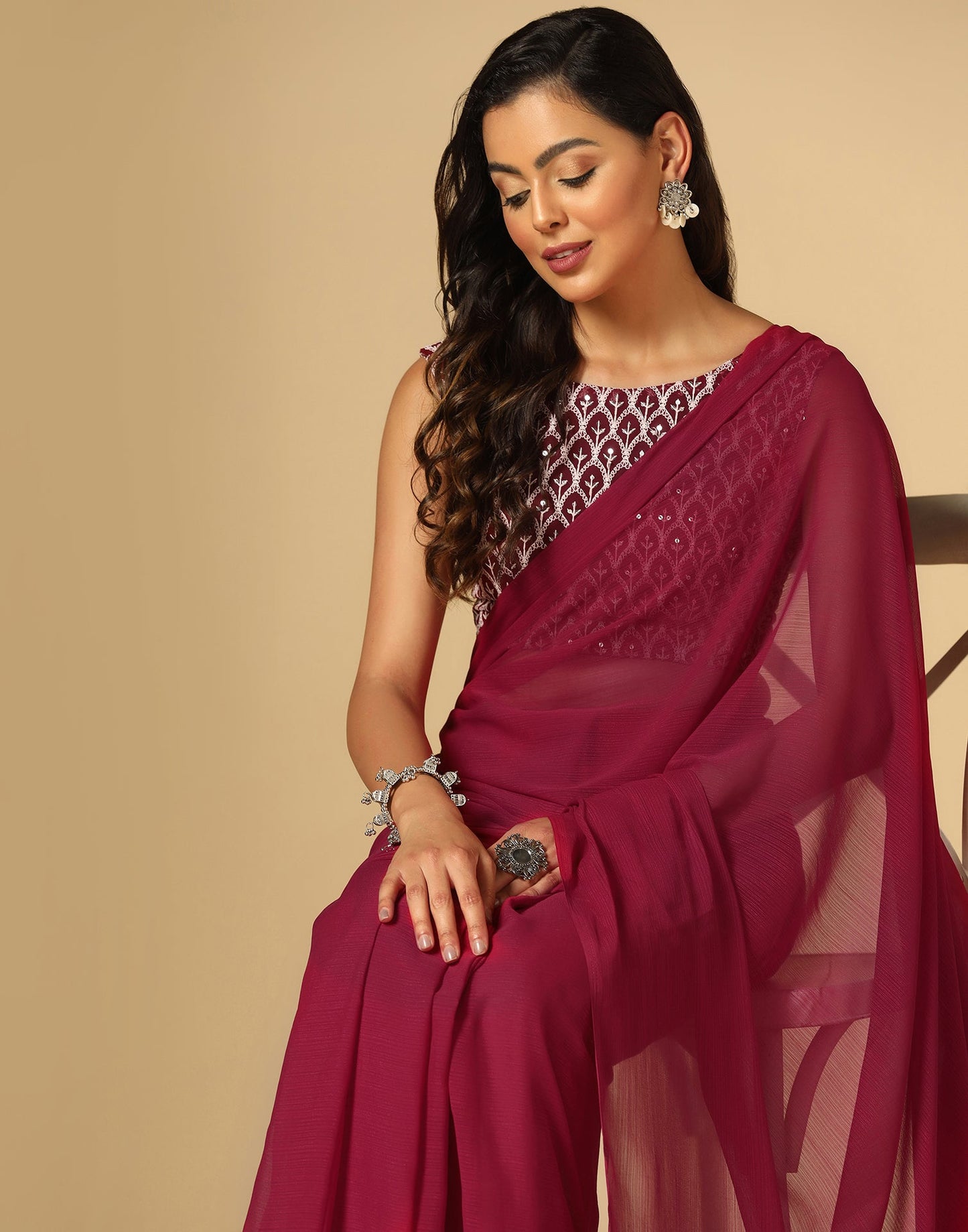 Maroon Georgette Plain Saree | Sudathi