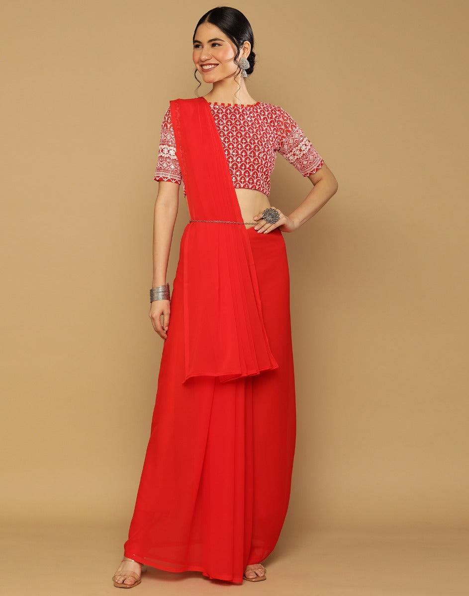 Red Georgette Plain Saree | Leemboodi