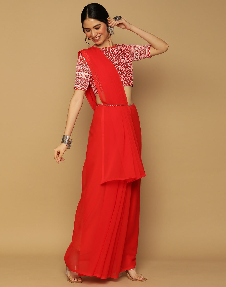 Red Georgette Plain Saree | Leemboodi