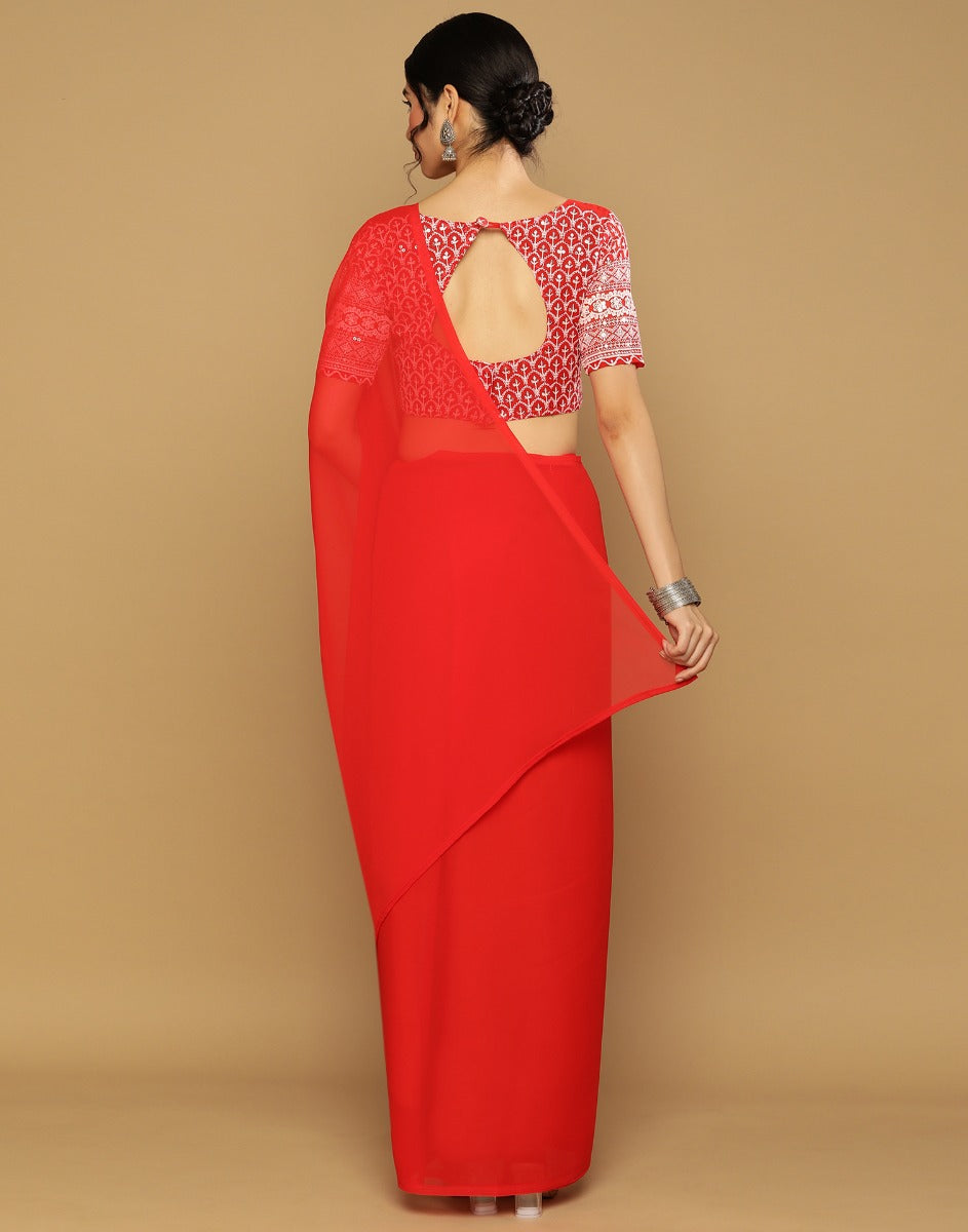 Red Georgette Plain Saree | Leemboodi