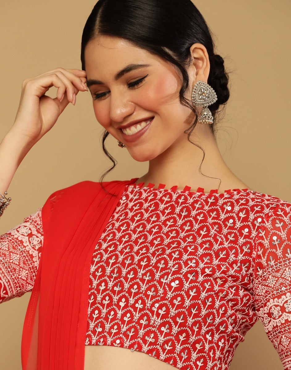 Red Georgette Plain Saree | Leemboodi