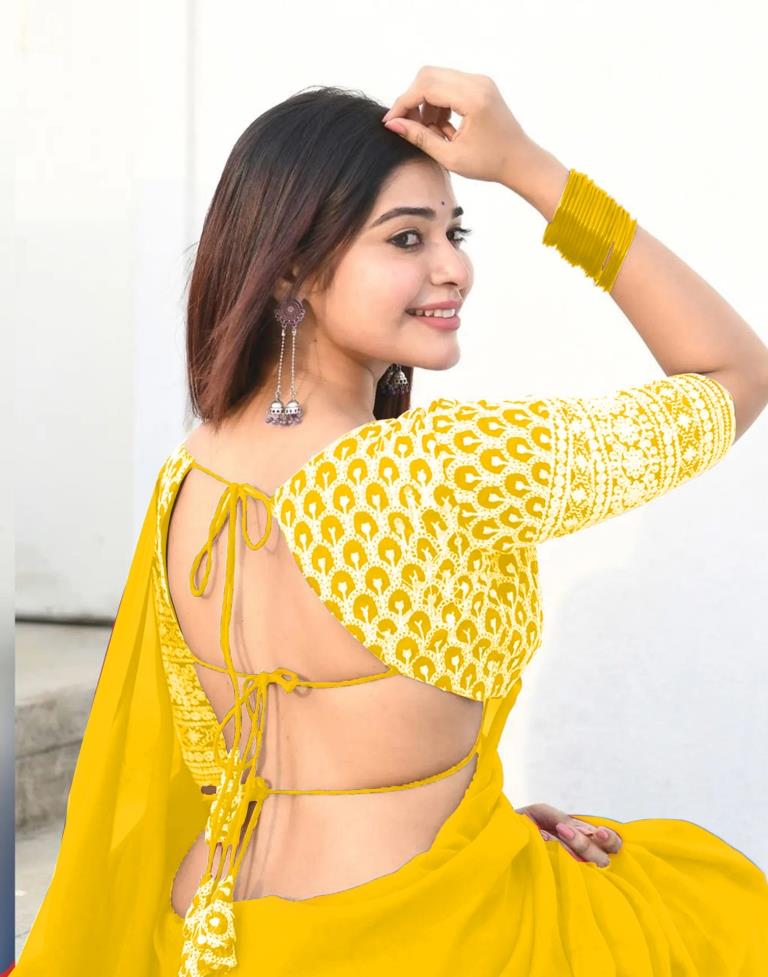 Yellow Georgette Plain Saree | Leemboodi