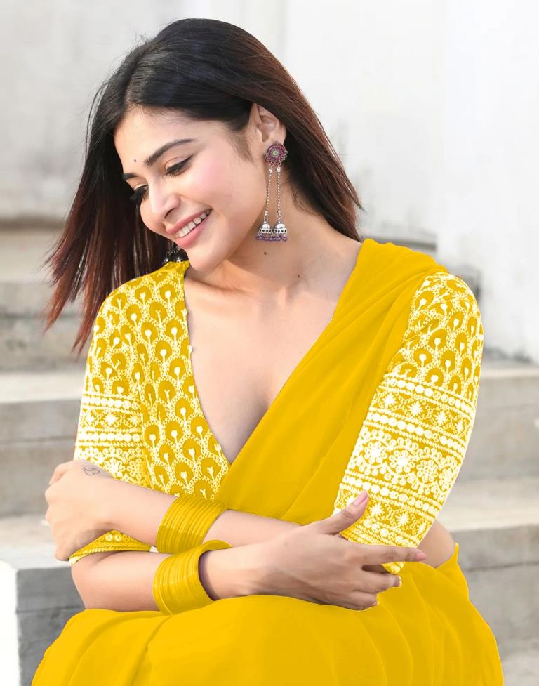 Yellow Georgette Plain Saree | Leemboodi