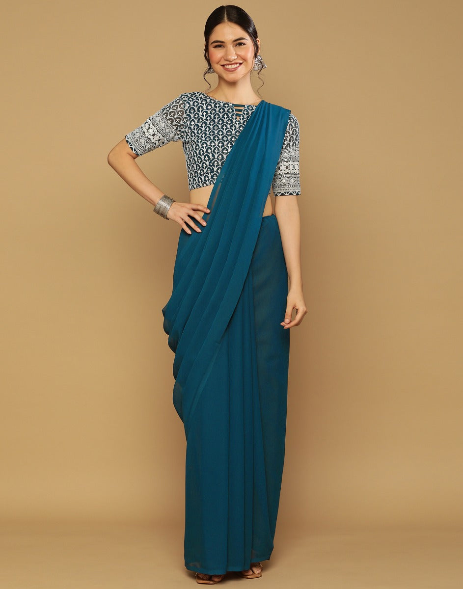Teal Green Georgette Plain Saree | Leemboodi