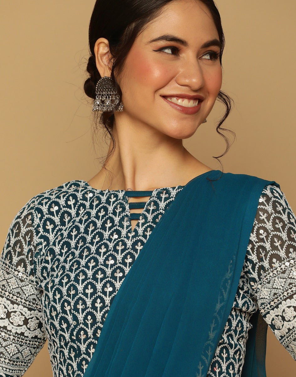 Teal Green Georgette Plain Saree | Leemboodi