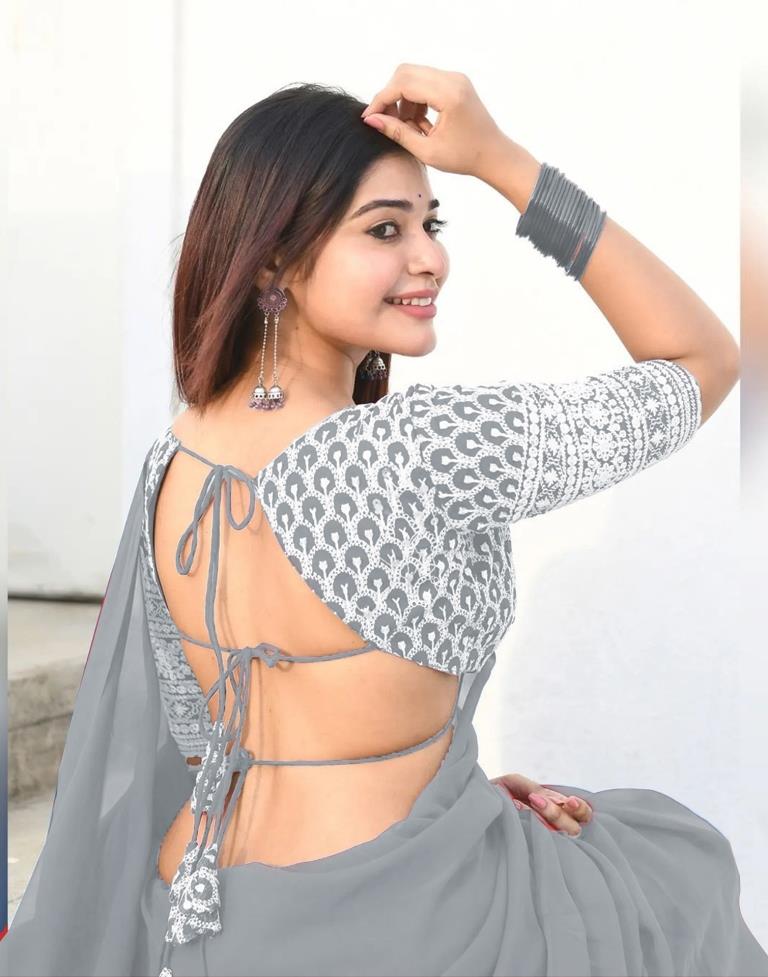 Grey Georgette Plain Saree | Sudathi