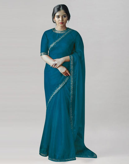 Teal Blue Organza Embroidered Saree | Leemboodi