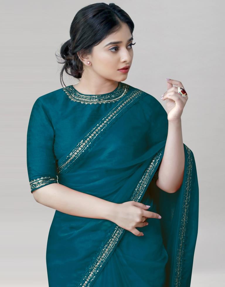 Teal Blue Organza Embroidered Saree | Leemboodi