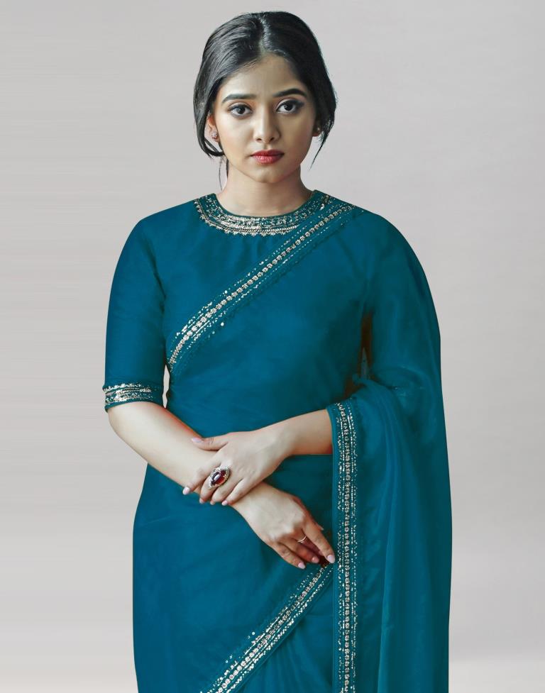 Teal Blue Organza Embroidered Saree | Leemboodi