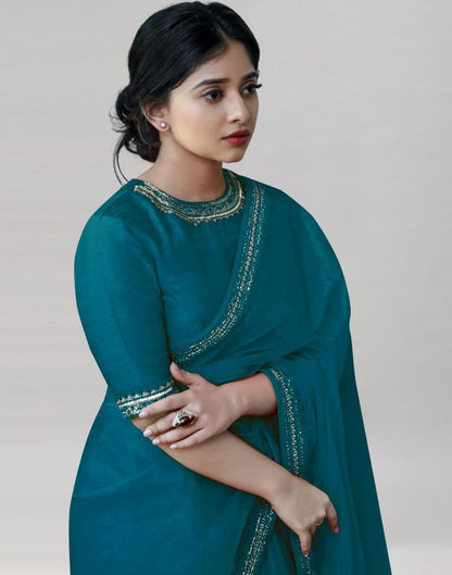 Teal Blue Organza Embroidered Saree | Leemboodi