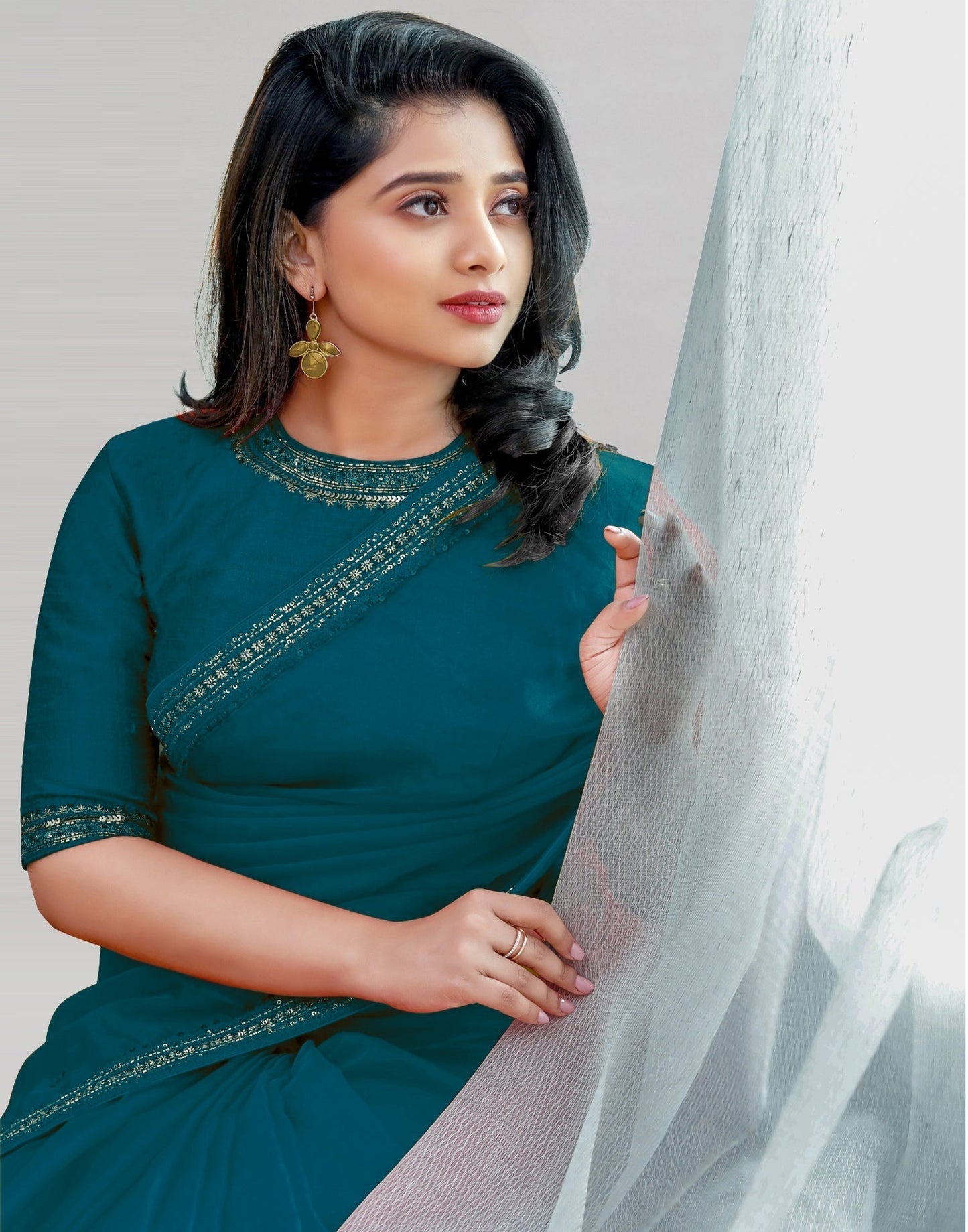 Teal Blue Organza Embroidered Saree | Leemboodi