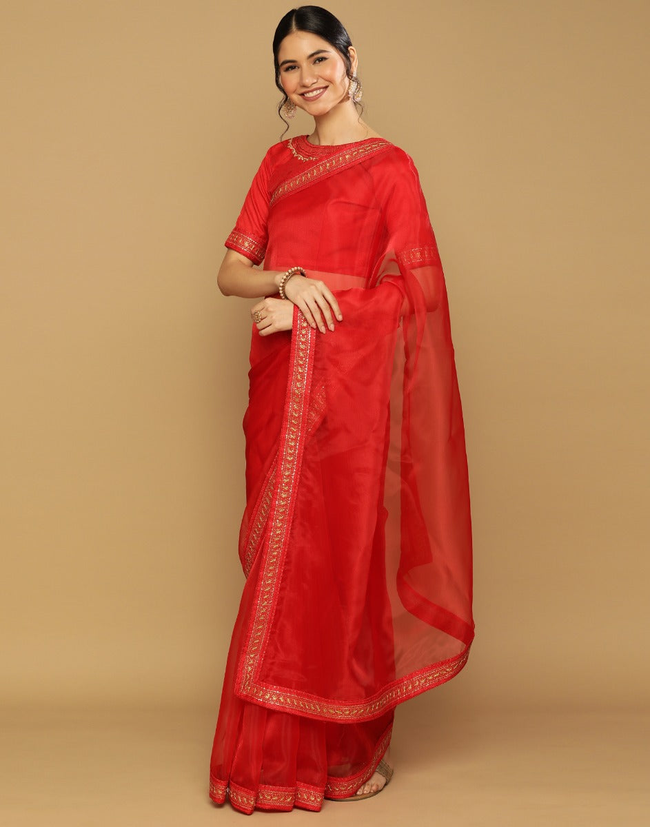 Red Organza Embroidered Saree | Leemboodi