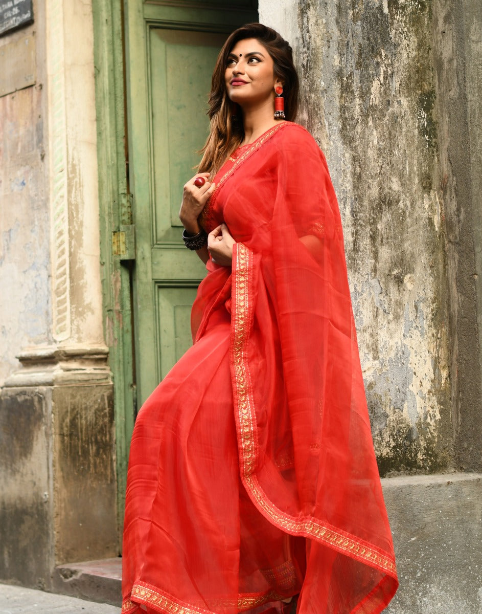 Red Organza Embroidered Saree | Leemboodi