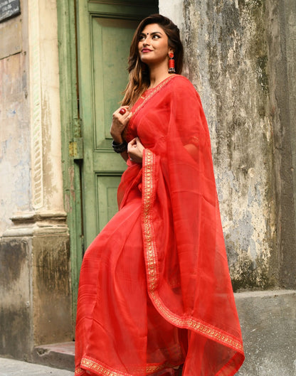 Red Organza Embroidered Saree | Leemboodi