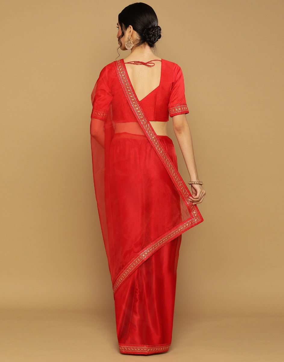 Red Organza Embroidered Saree | Leemboodi