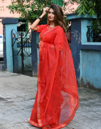 Red Organza Embroidered Saree | Leemboodi