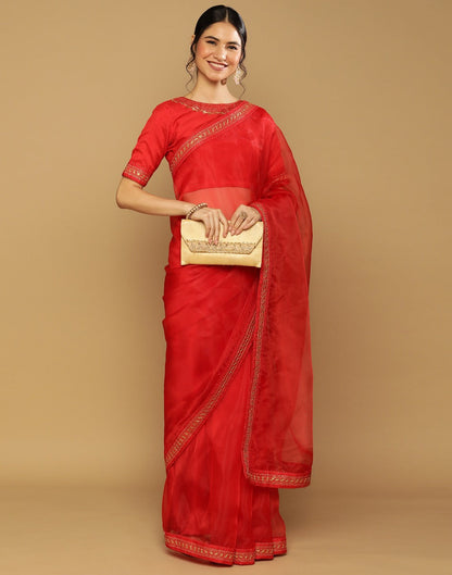 Red Organza Embroidered Saree | Leemboodi