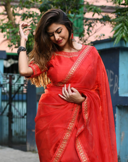 Red Organza Embroidered Saree | Leemboodi