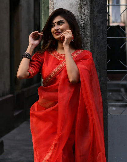 Red Organza Embroidered Saree | Leemboodi