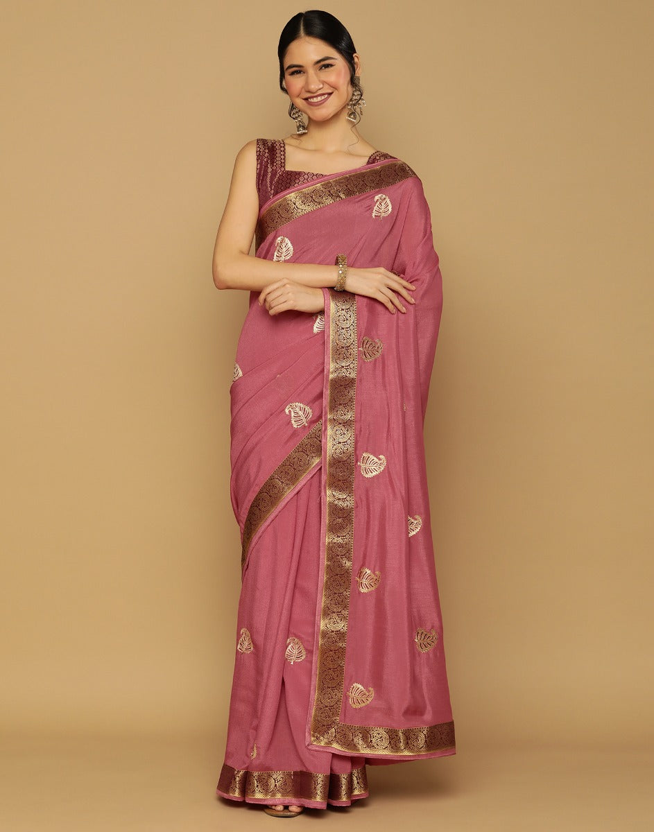 Dusty Pink Embroidered Saree | Leemboodi